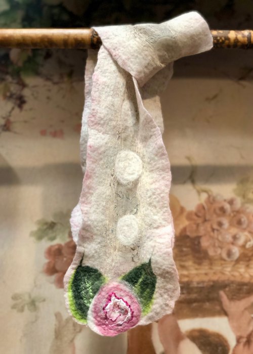Agnes Foss - Felted Merino Scarf - Pink Roses on White Background with Silk Inserts 